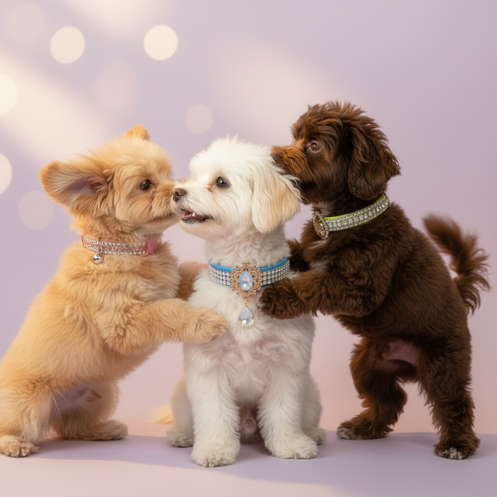 Colorful rhinestone dog and cat collars displayed in a variety of crystal colors beside pets with different coat colors, illustrating how each collar complements white, black, golden, brown, gray, and multi-colored fur.