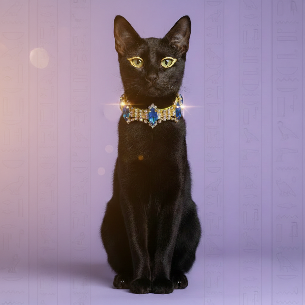 Black cat wearing a blue and gold rhinestone collar with sparkling crystal accents, sitting against a soft purple background.