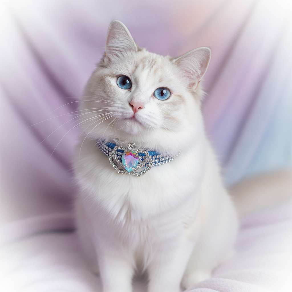 Blue crown rhinestone cat collar on a Ragdoll cat, featured in Pretty Posh Pets cat collar safety guide
