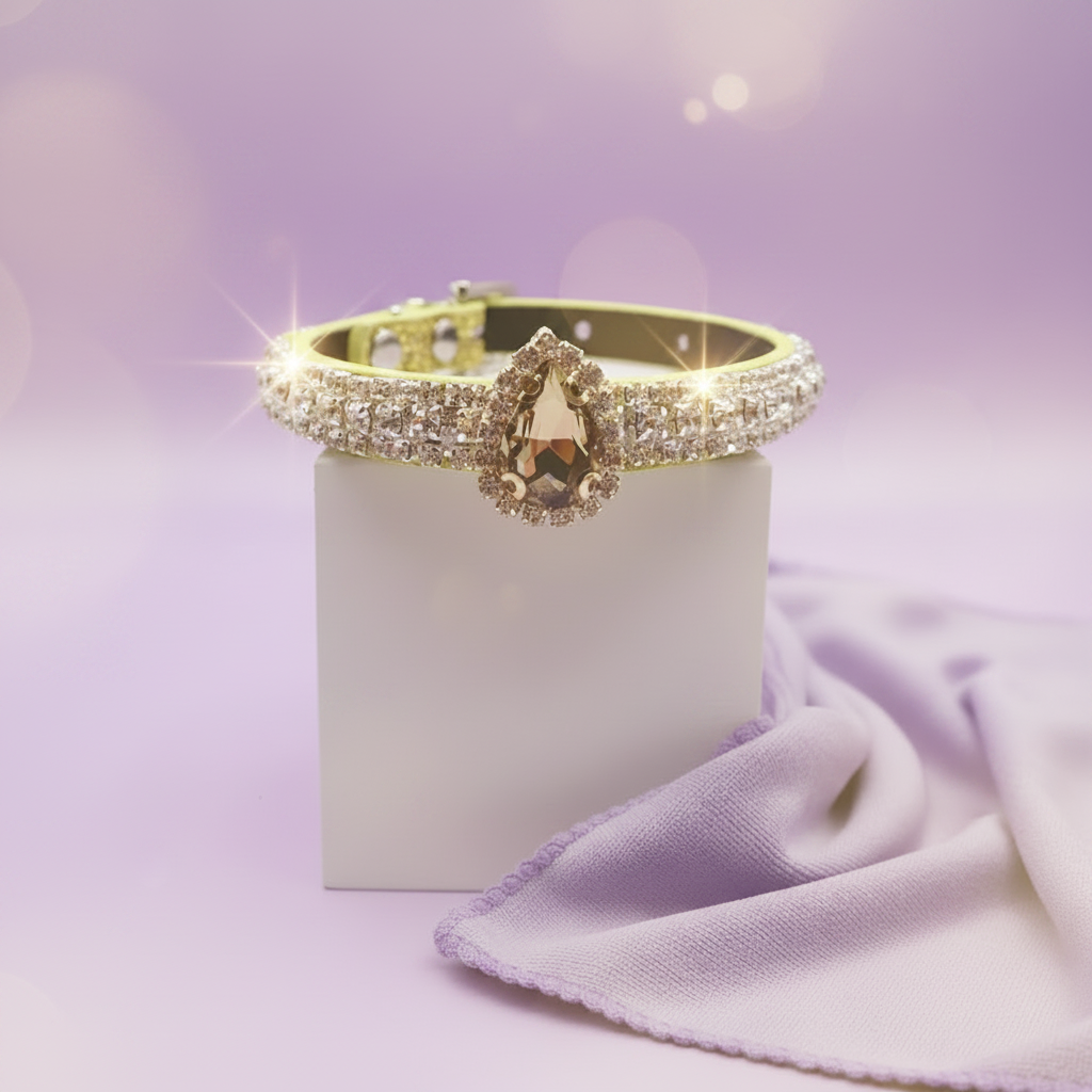 Sparkling crystal and rhinestone pet collar being cleaned, illustrating care tips from Pretty Posh Pets