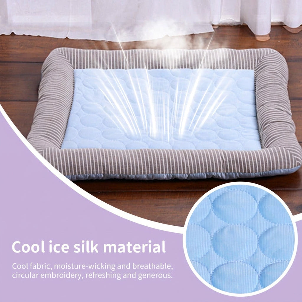 Pet bed with cool ice silk material on a wooden floor