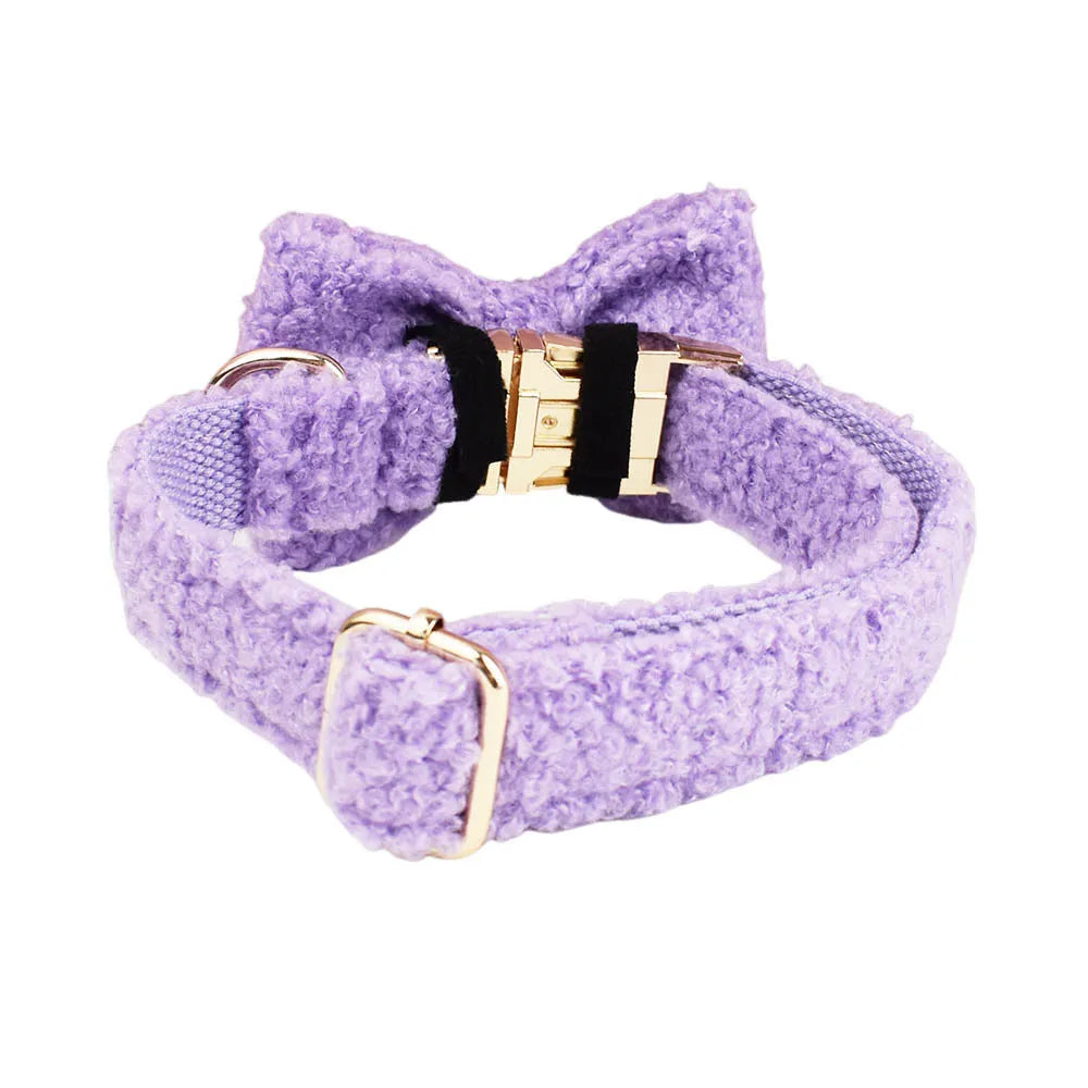 Light Purple Teddy Fleece Dog Collar, Bow Tie & Leash Set