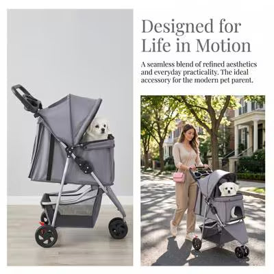 Gray Foldable Pet Stroller for Small Dogs and Cats