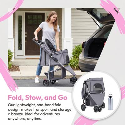 Gray Foldable Pet Stroller for Small Dogs and Cats