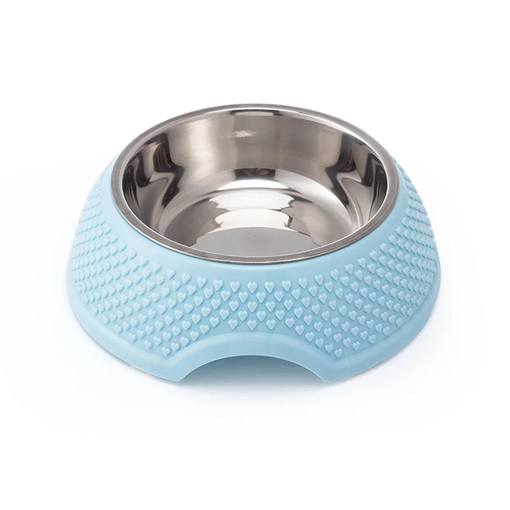 Powder blue textured heart embossed single pet bowl with removable stainless steel insert for cats and dogs