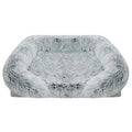 Light grey long shaggy faux fur rectangular pet sofa bed with raised bolster sides and a flat cushioned center, shown from the front on a white background