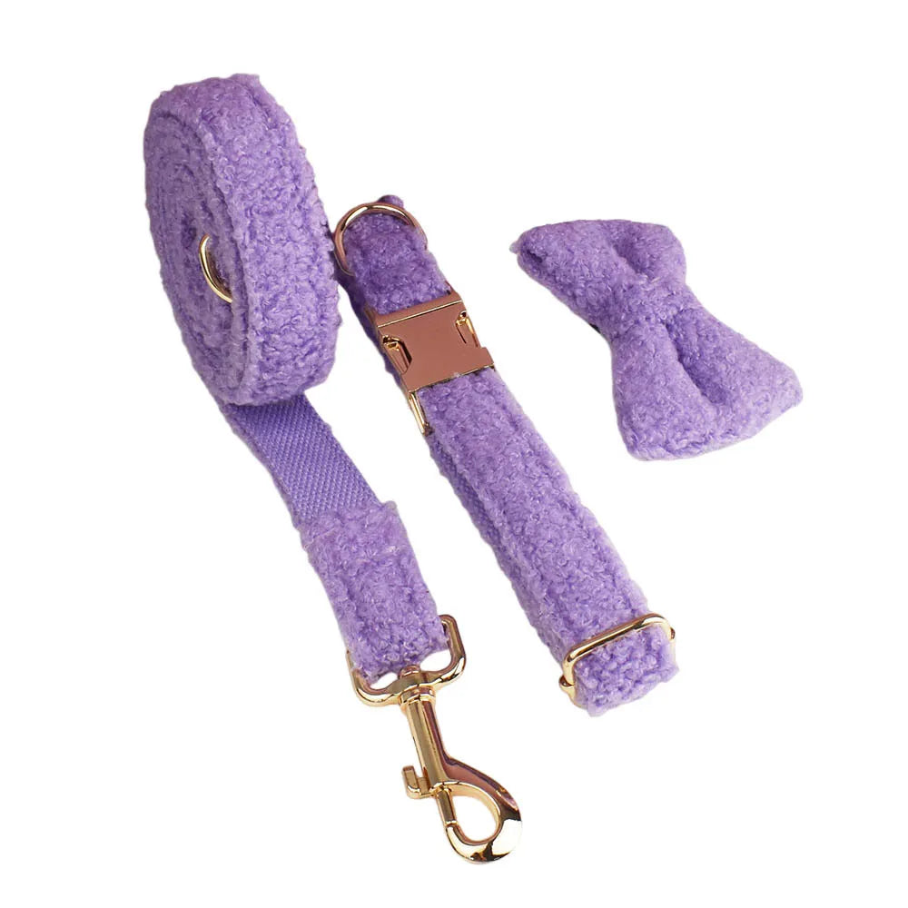 Light Purple Teddy Fleece Dog Collar, Bow Tie & Leash Set