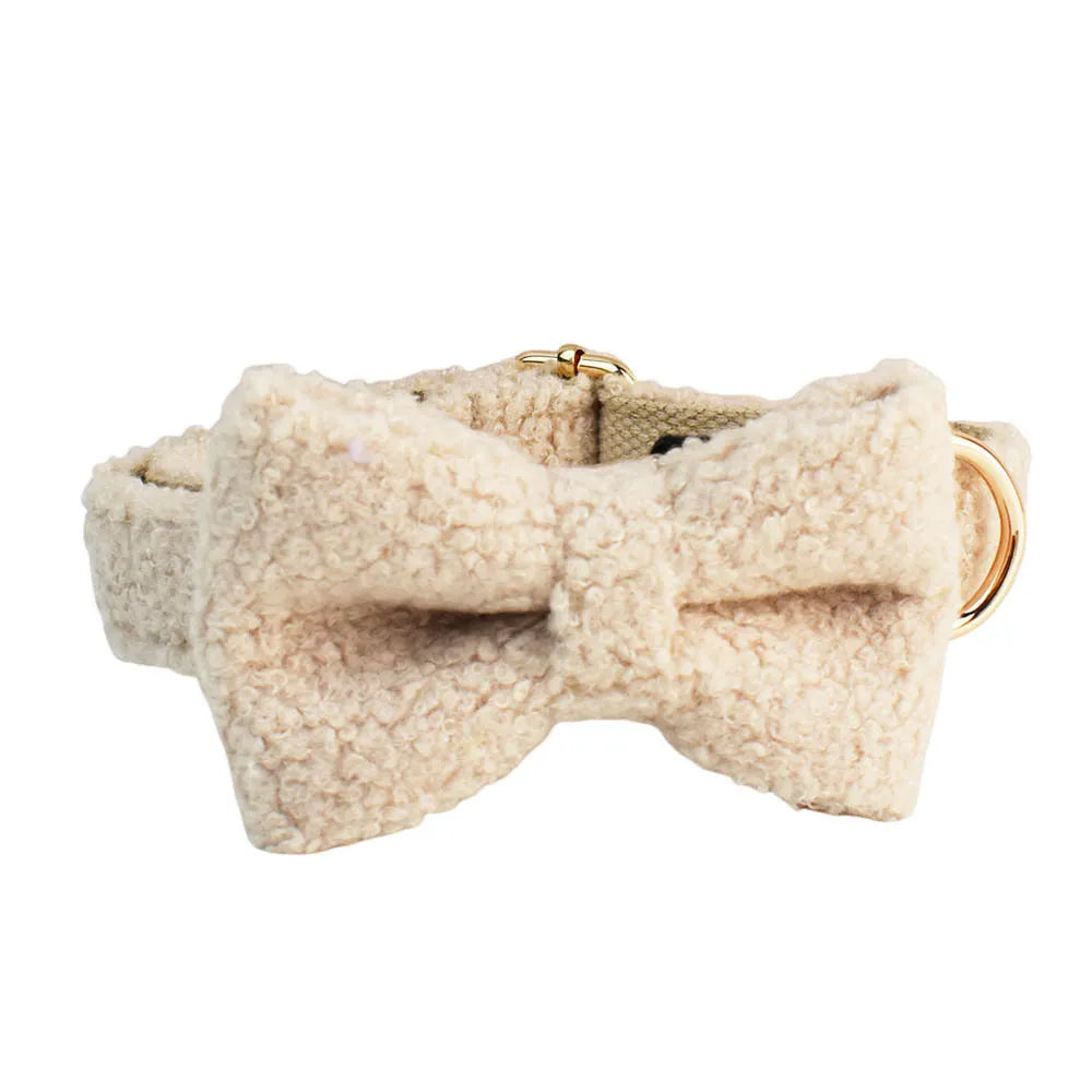 Beige Teddy Fleece Dog Collar, Bow & Leash Set