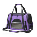 Purple pet carrier with black straps on a white background