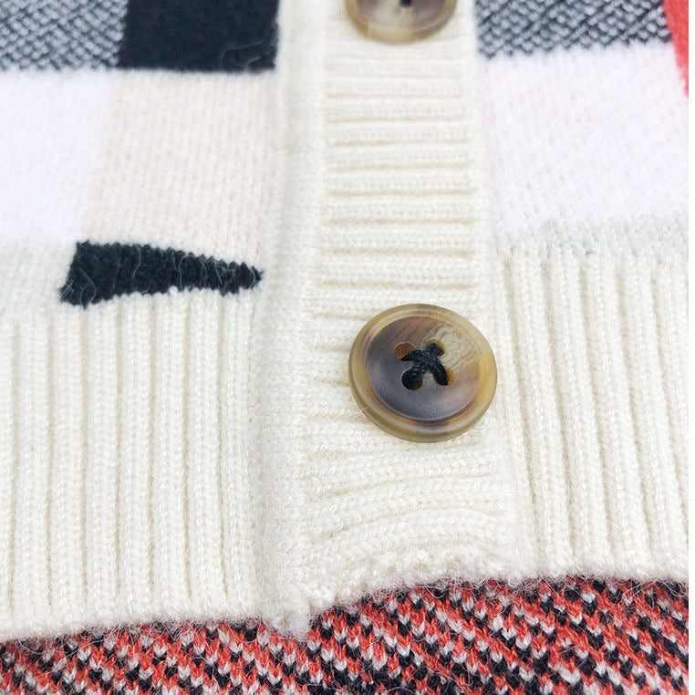 Classic Plaid Knit Dog Cardigan with Buttons