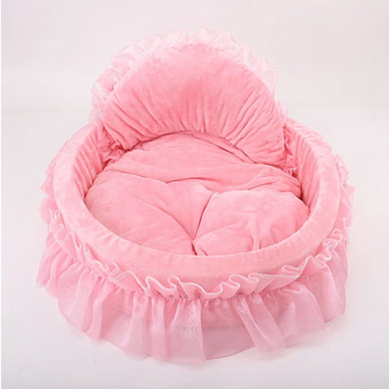Pink velvet heart-shaped ruffle pet bed with layered chiffon lace trim and cushioned interior, white background