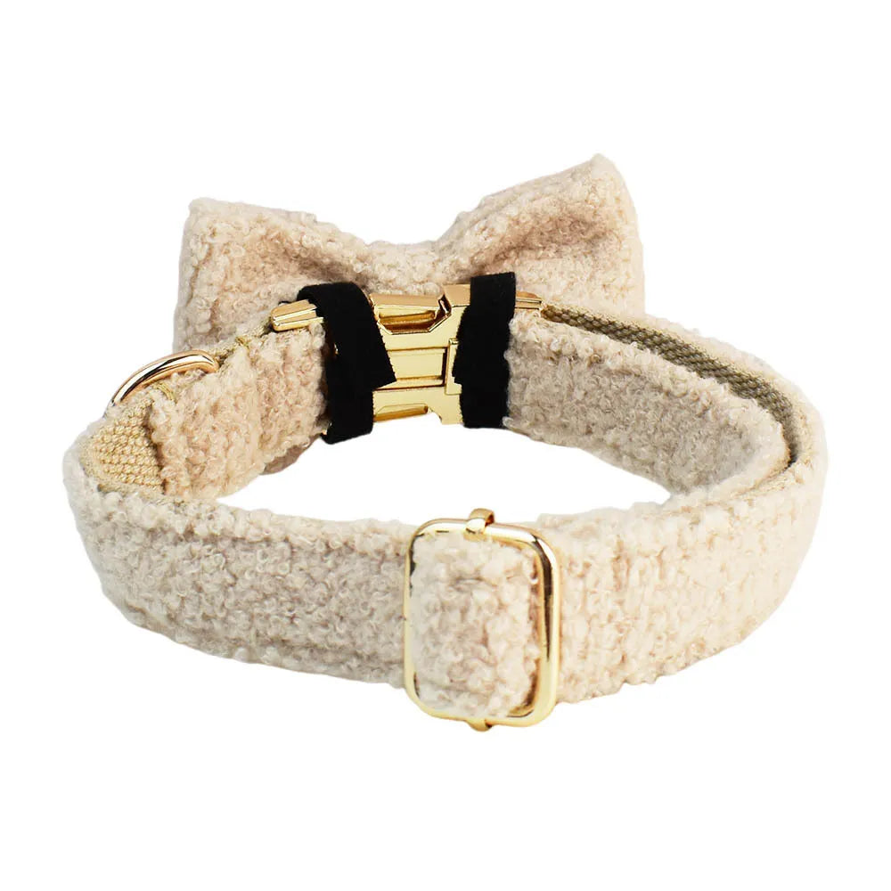 Beige Teddy Fleece Dog Collar, Bow & Leash Set