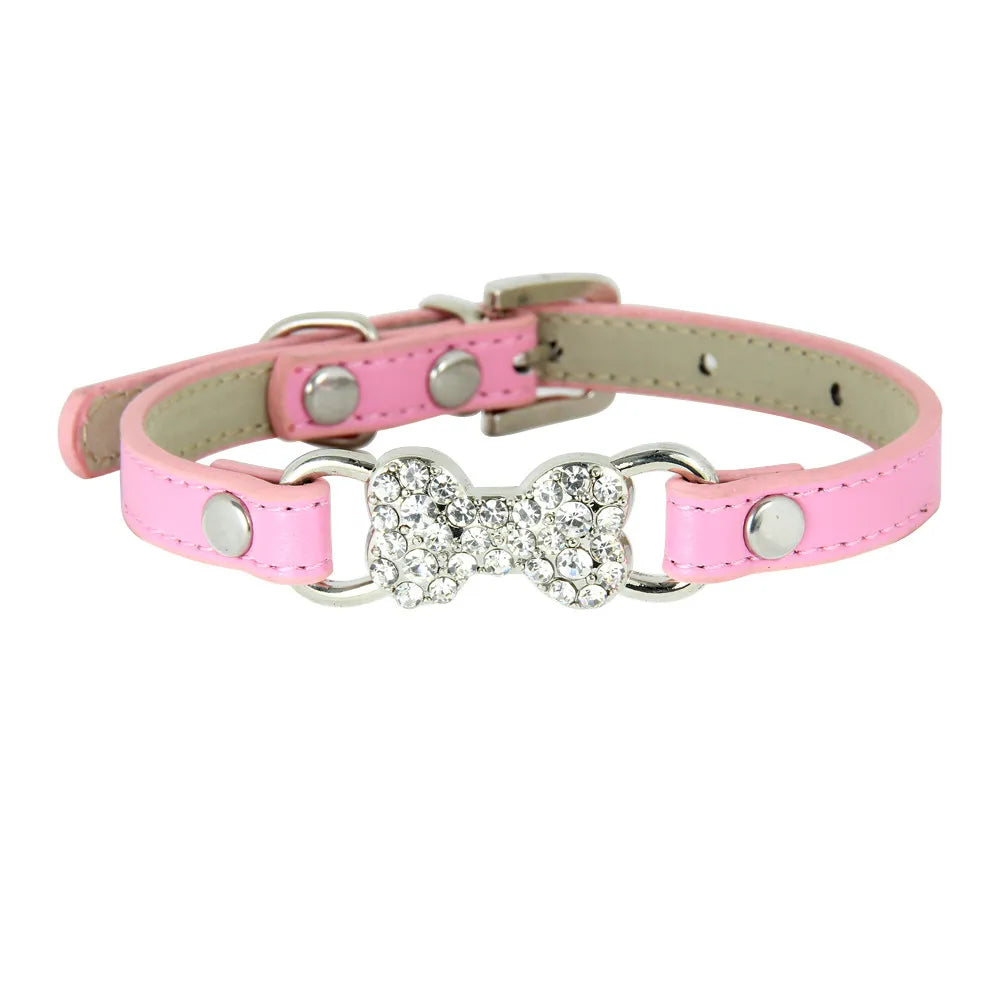 Pink Rhinestone Bone Faux Leather Dog Collar