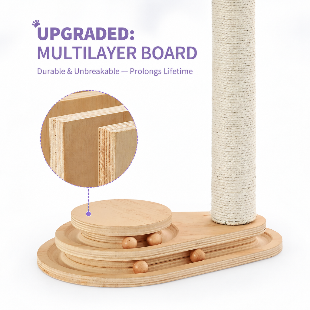 Wooden Cat Scratching Post with Ball Track Toy & Dangling Pompom – 17.7"