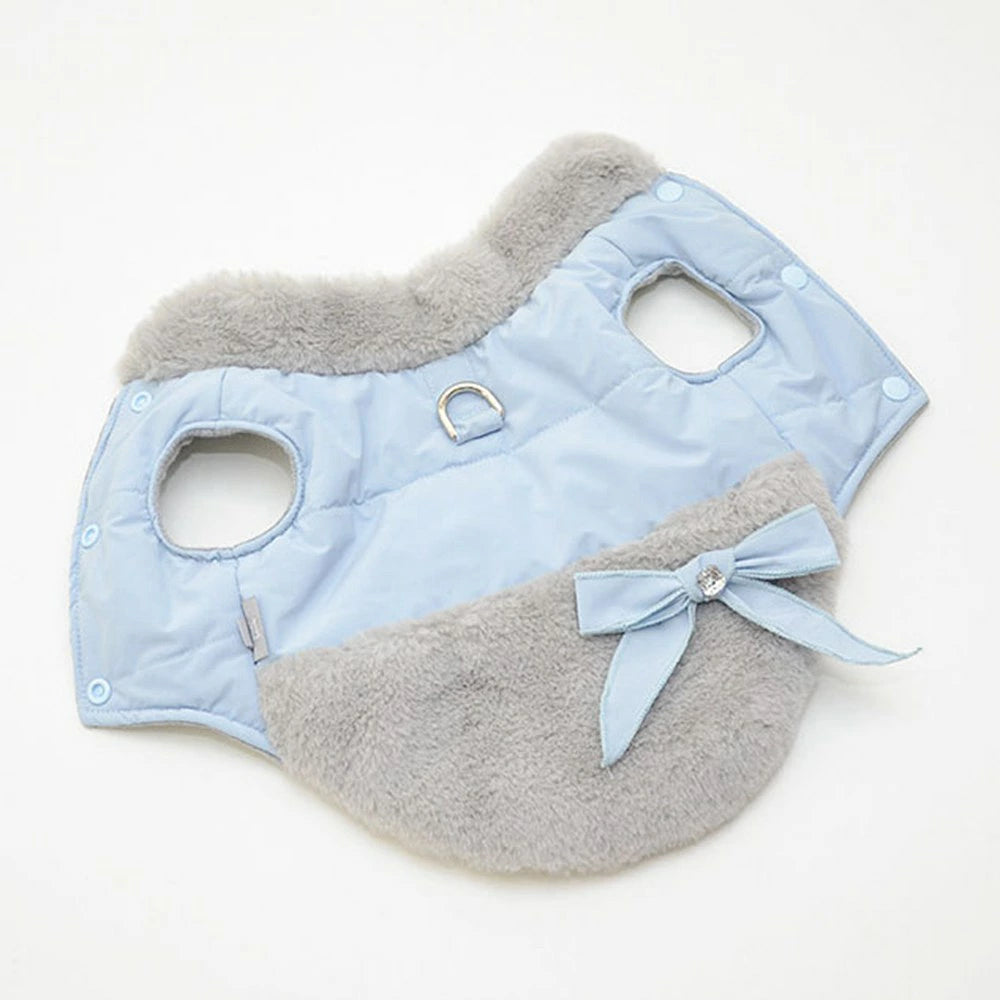 Blue Quilted Pet Coat with Faux Fur Trim & Bow
