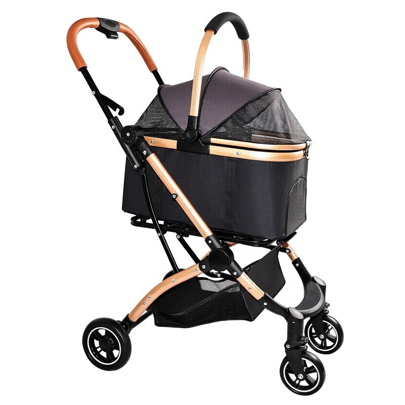 Black & Gold 2-in-1 Pet Stroller with Detachable Carrier