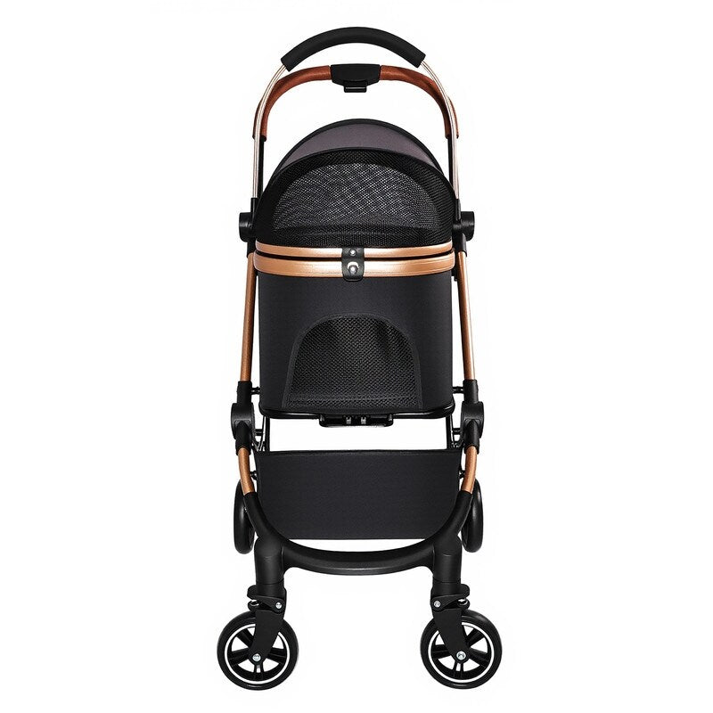 Black & Gold 2-in-1 Pet Stroller with Detachable Carrier