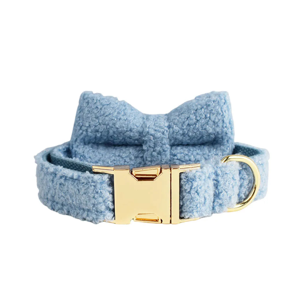 Light Blue Teddy Fleece Dog Collar, Bow Tie & Leash Set