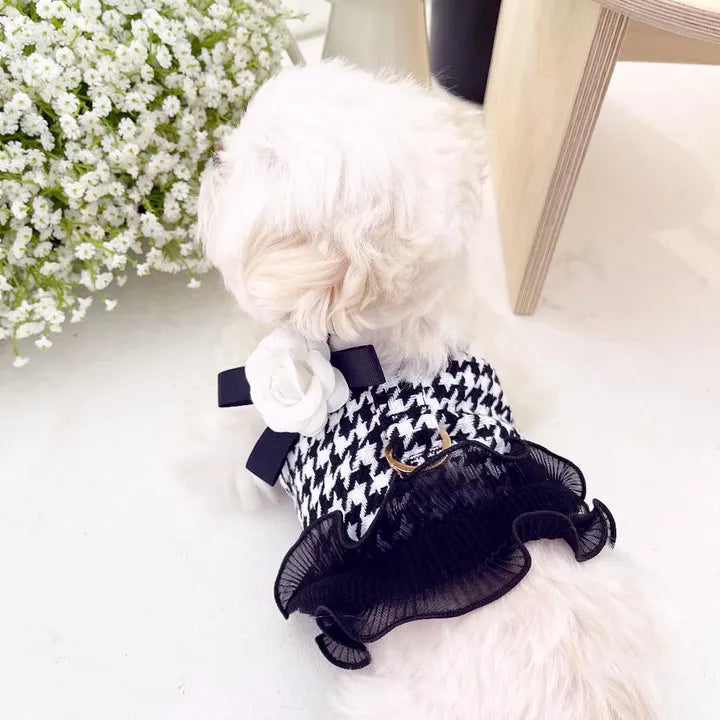 Black & White Houndstooth Pet Harness Dress & Leash Set