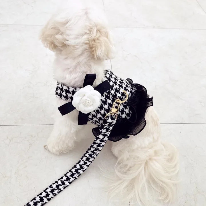 Black & White Houndstooth Pet Harness Dress & Leash Set