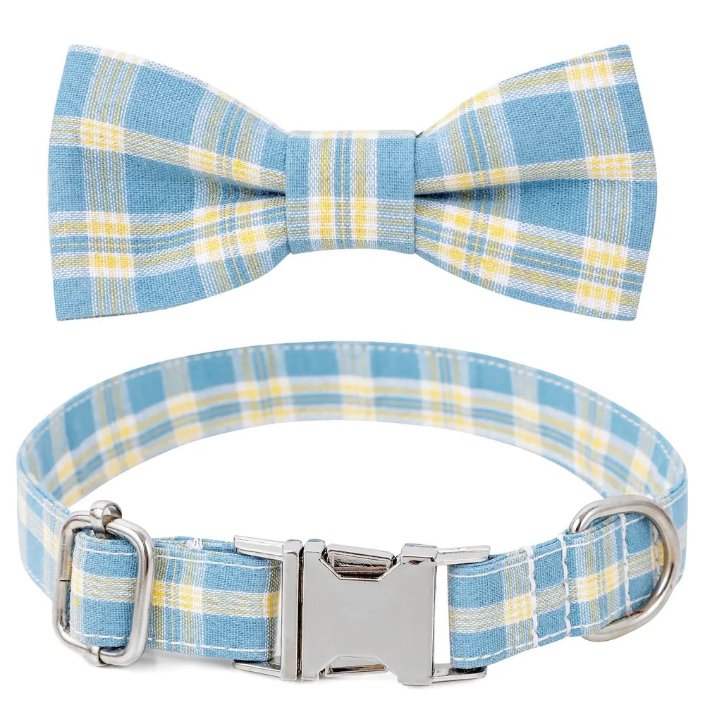 Light Blue & Yellow Plaid Dog Collar with Removable Bow Tie