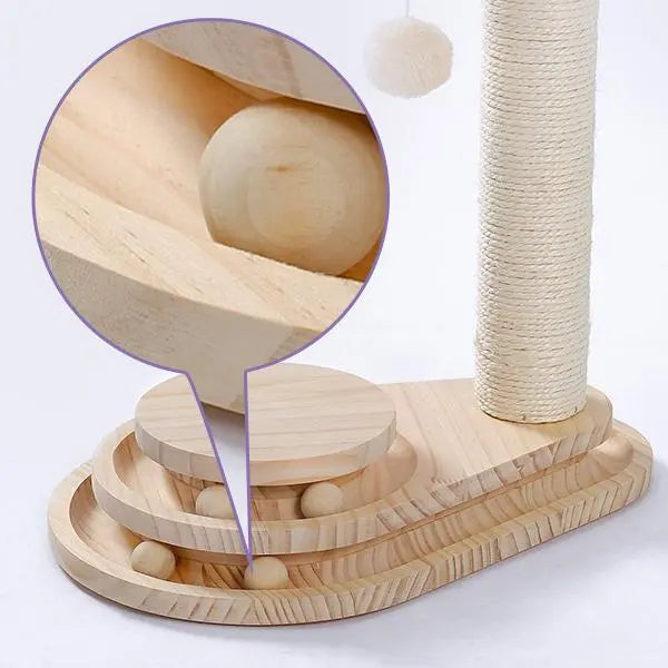 Wooden Cat Scratching Post with Ball Track Toy & Dangling Pompom – 17.7"