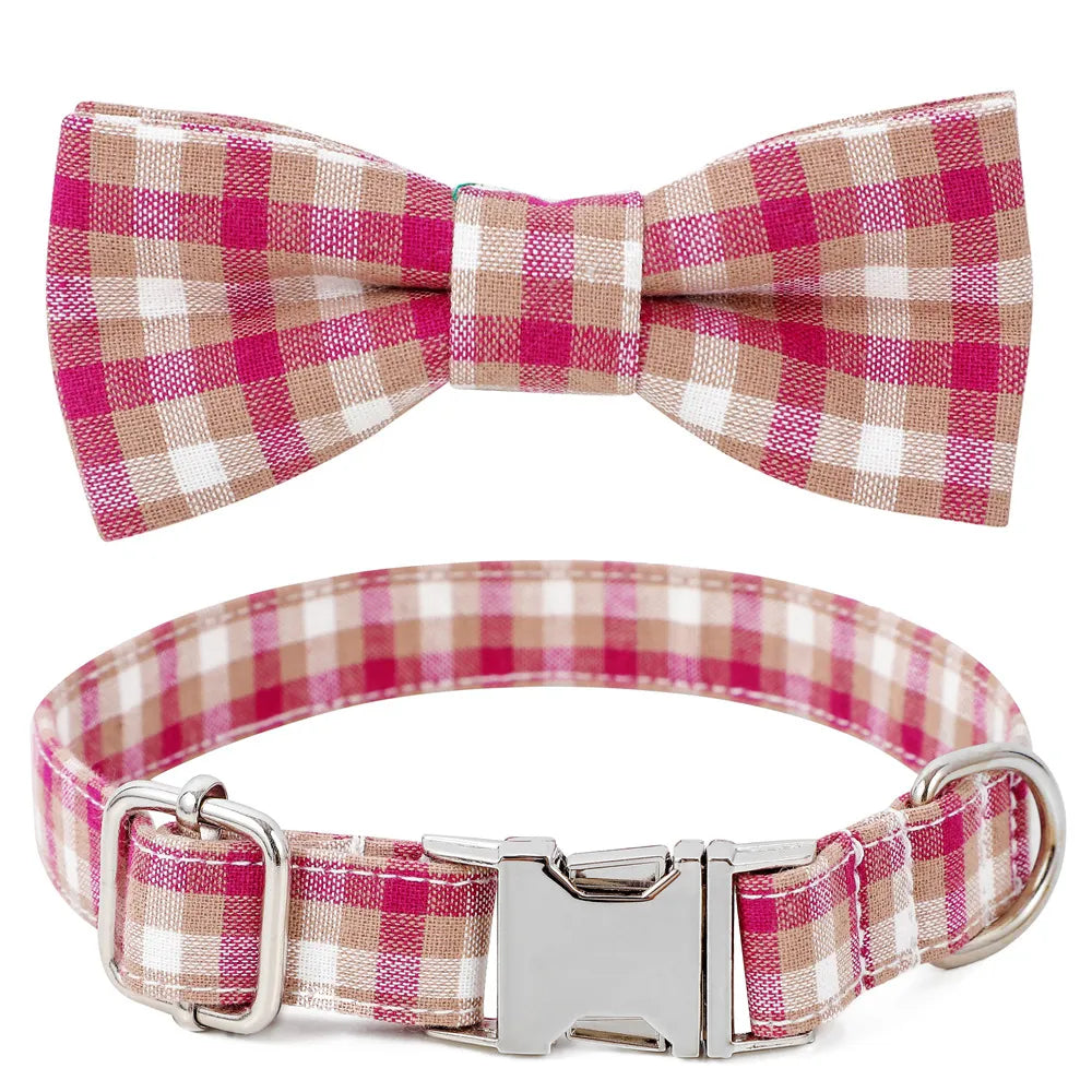 Red, Tan & White Plaid Dog Collar with Removable Bow Tie