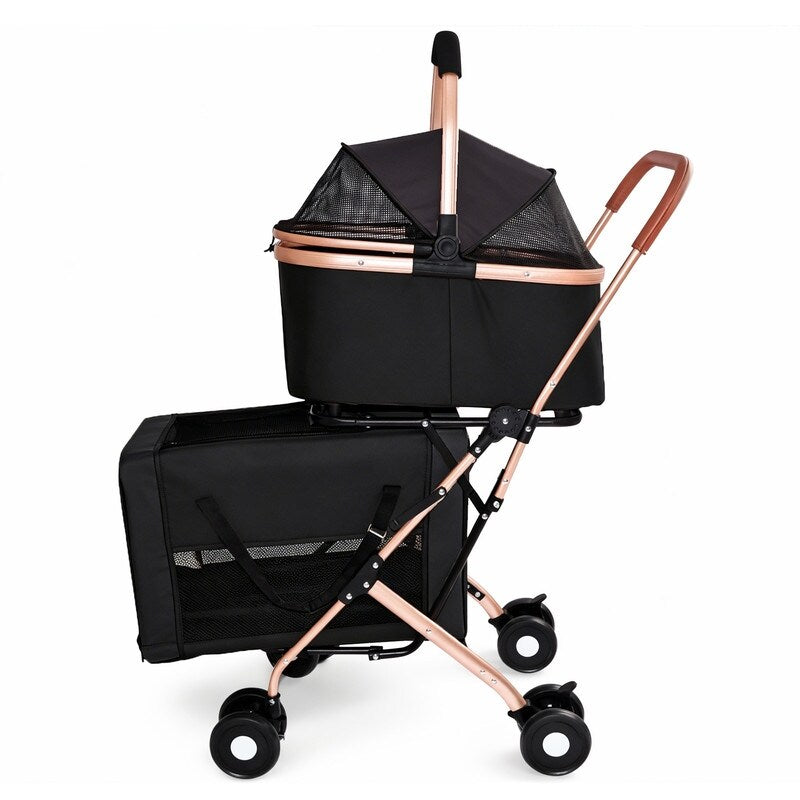 Black Double Pet Stroller with Two Detachable Carriers