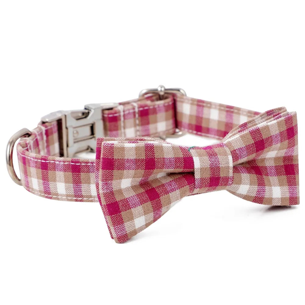 Red, Tan & White Plaid Dog Collar with Removable Bow Tie