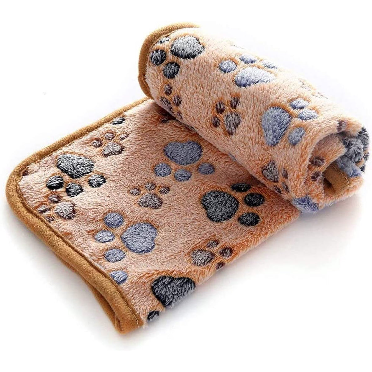 A plush fleece blanket with a warm tan base and gray paw print pattern, shown folded with one end rolled up on a white background.