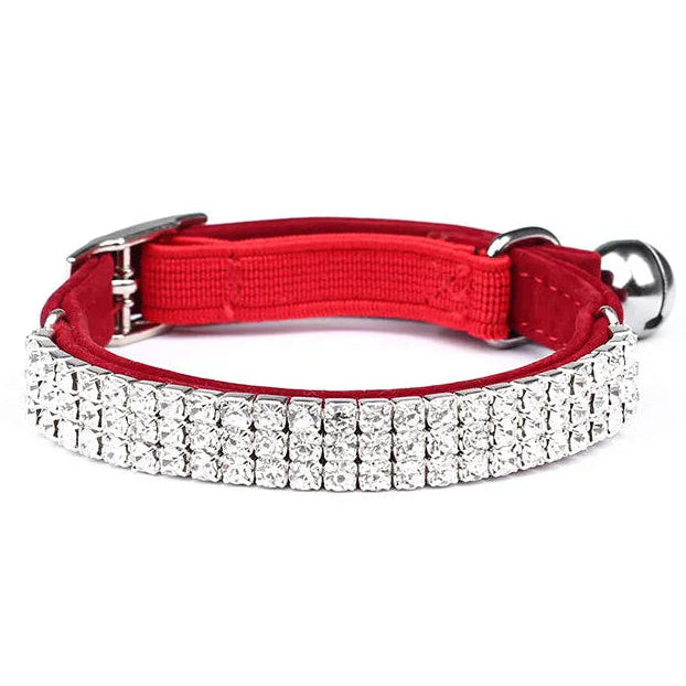Red Velvet Rhinestone Collar with Bell – Adjustable One-Size for Cats & Small Dogs