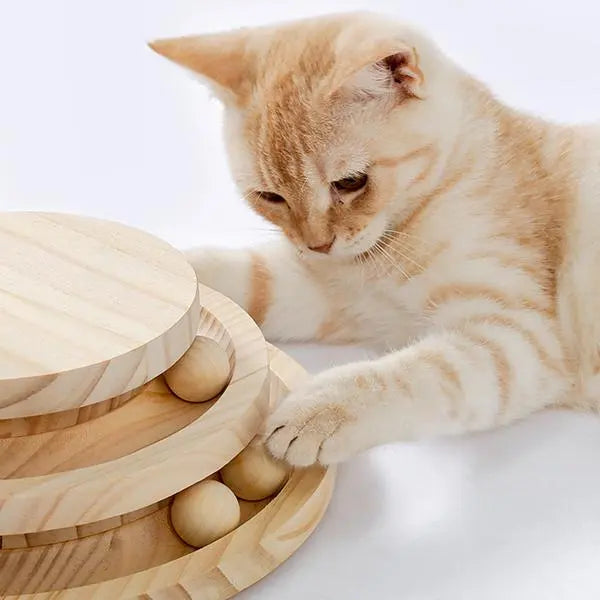 Wooden Cat Scratching Post with Ball Track Toy & Dangling Pompom – 17.7"