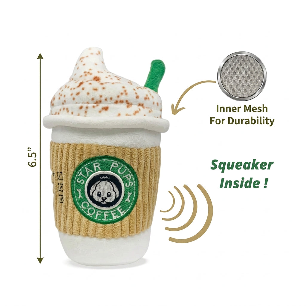 Toy resembling a coffee cup with a squeezer, featuring a Star Pups Coffee logo.