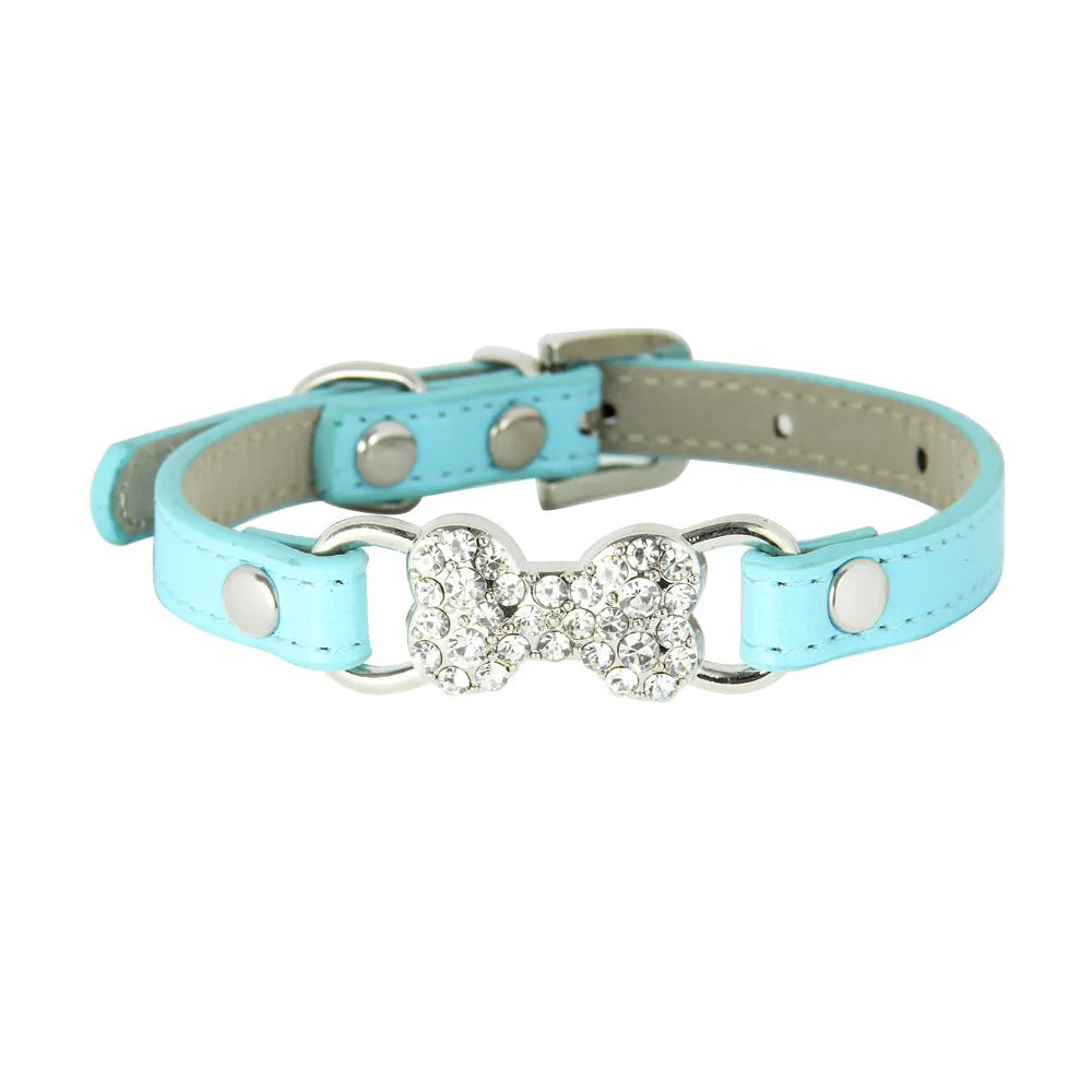 Light Blue Rhinestone Bone Faux Leather Dog Collar
