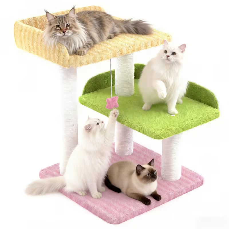 Pastel 3-Tier Cat Tree with Scratching Posts & Hanging Toy