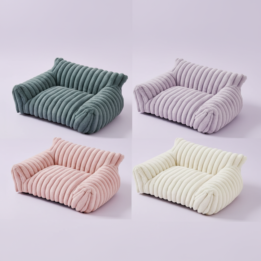 Ribbed channel-tufted plush pet sofa bed shown in four colorways on a soft lavender background: sage green, lilac purple, blush pink, and ivory white