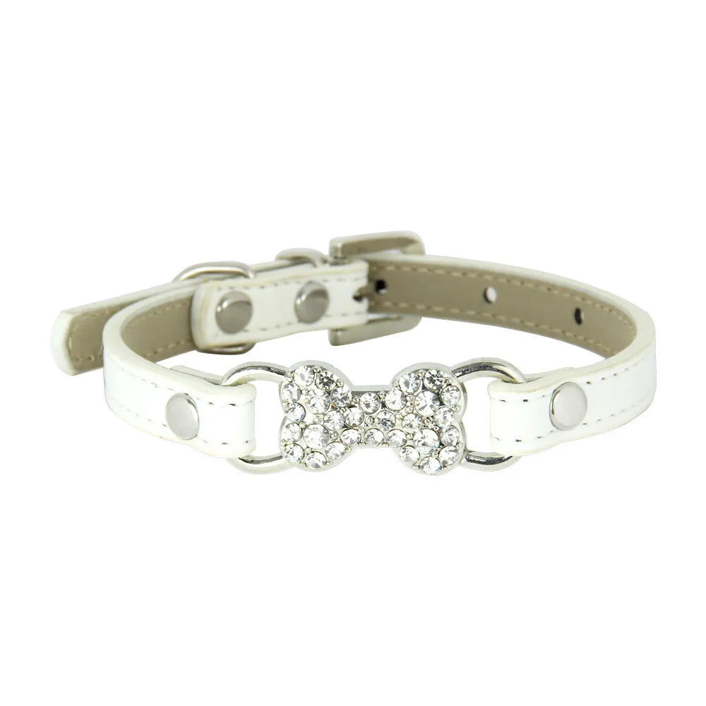 White Rhinestone Bone Faux Leather Dog Collar