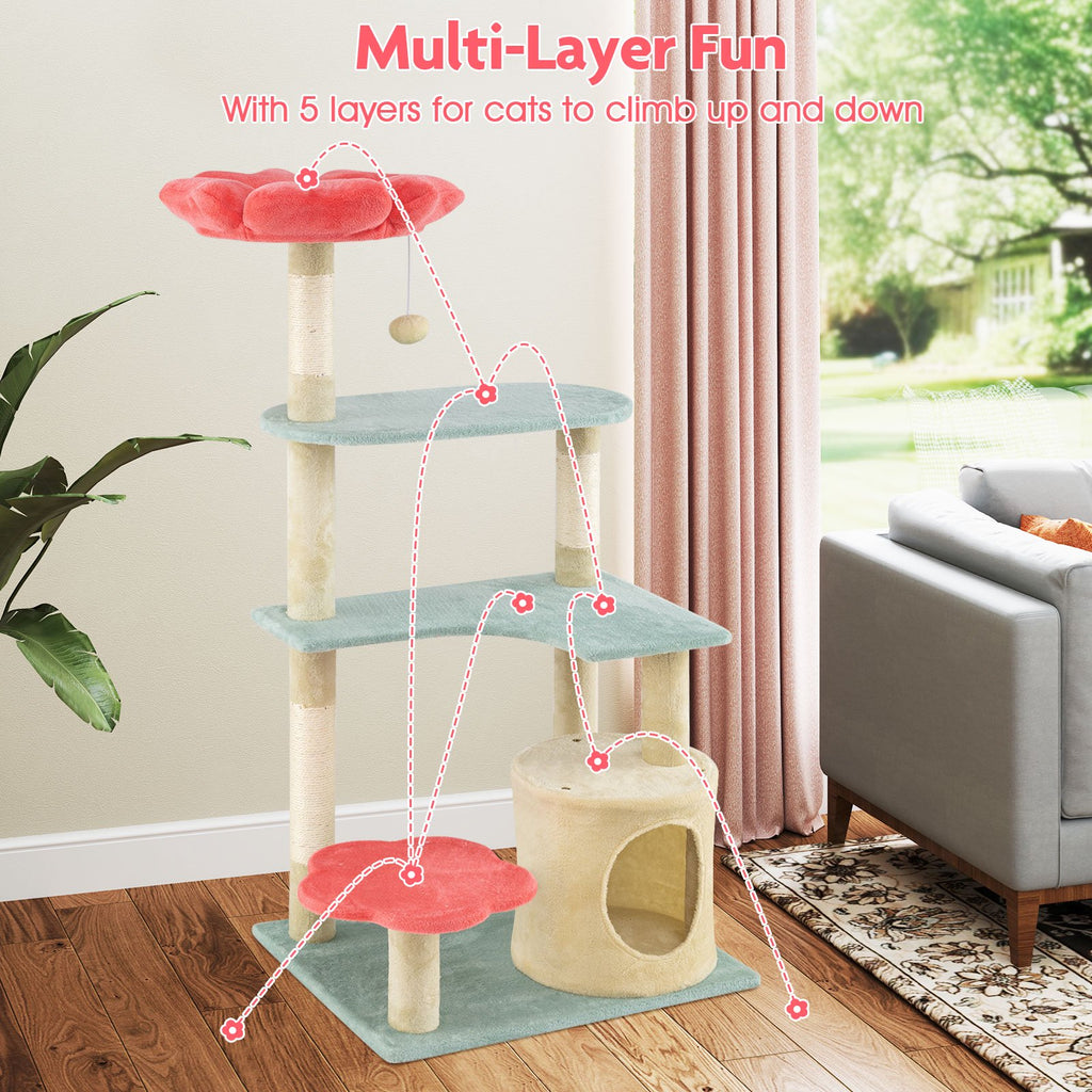 61-Inch Floral Cat Tree with Flower Perch, Condo & Sisal Posts