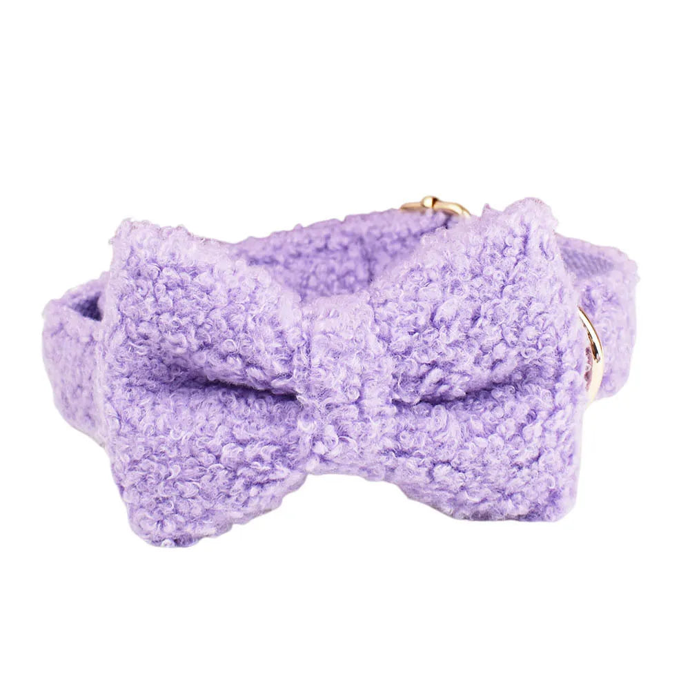 Light Purple Teddy Fleece Dog Collar, Bow Tie & Leash Set