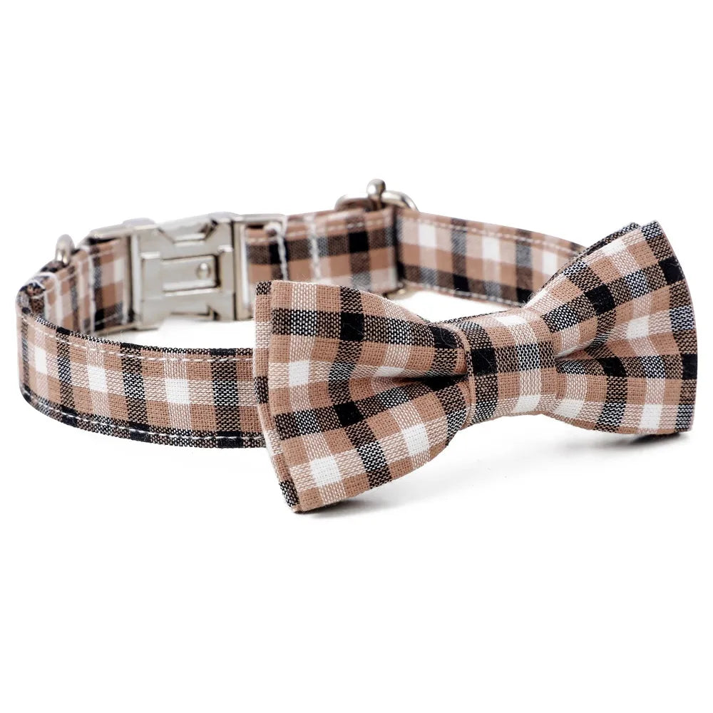Black, Tan & White Plaid Dog Collar with Removable Bow Tie