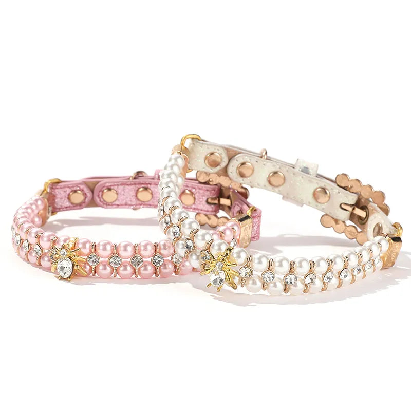 Pink Pearl & Rhinestone Beetle Pet Collar