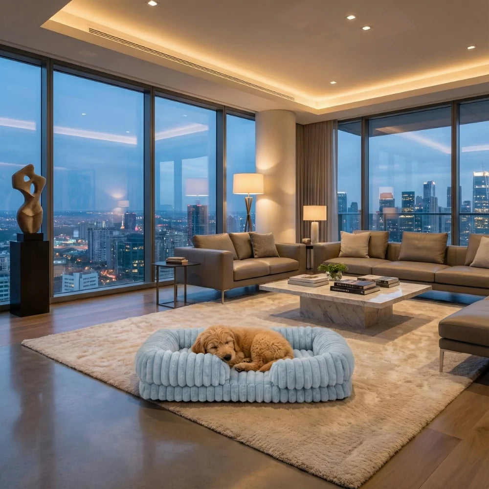 Golden retriever sleeping in a powder blue chunky corduroy pet bed on a cream rug in a luxury high-rise living room with floor-to-ceiling windows overlooking a city skyline at dusk.