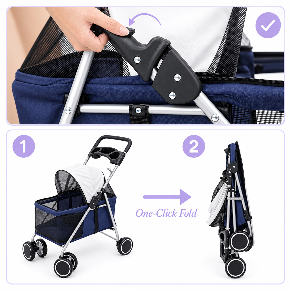 Black Foldable Pet Stroller for Small Dogs and Cats