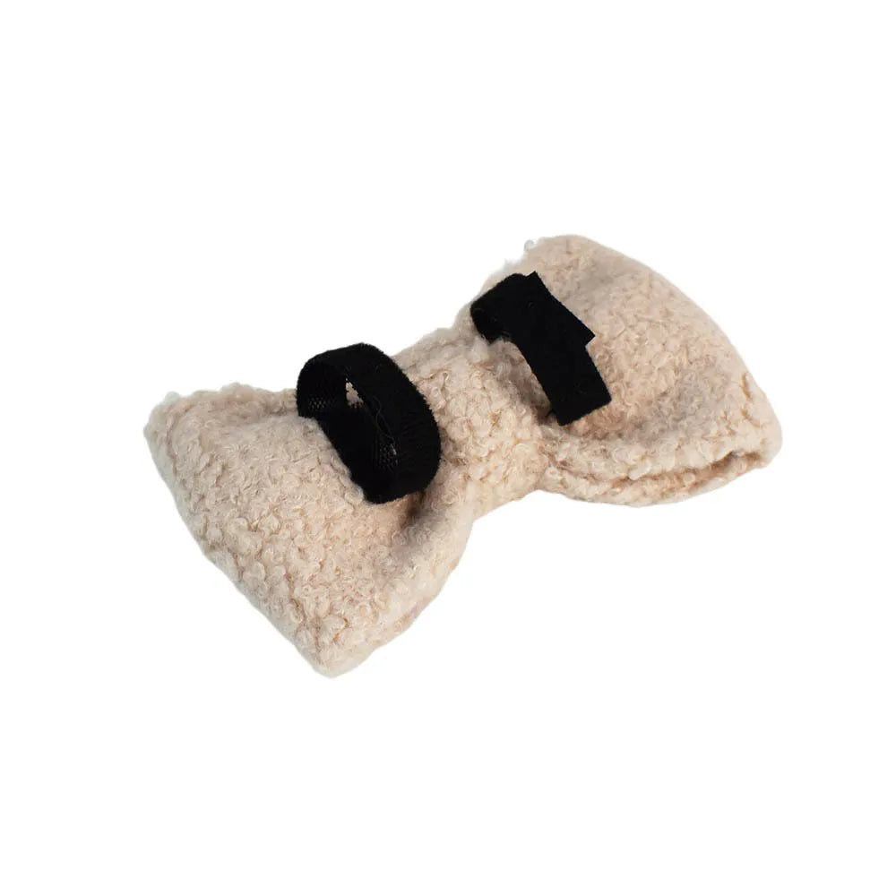 Beige Teddy Fleece Dog Collar, Bow & Leash Set