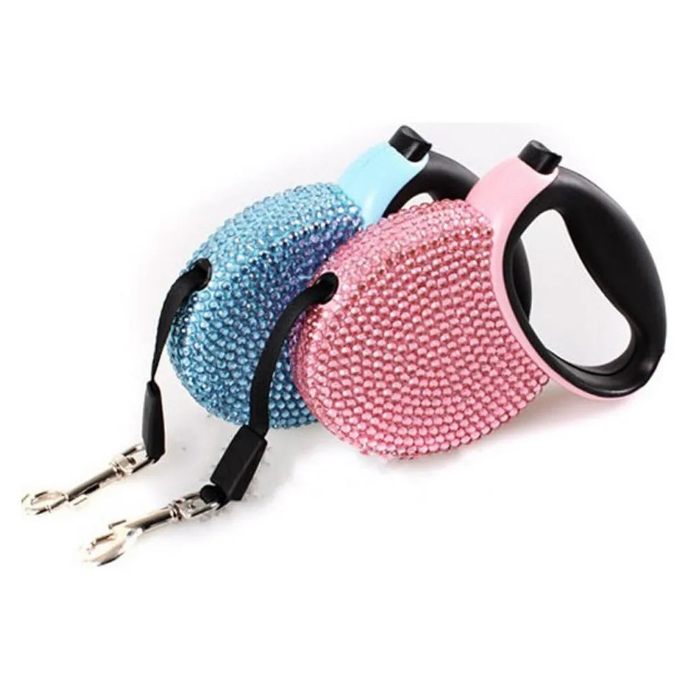Blue Rhinestone Studded Retractable Dog Leash