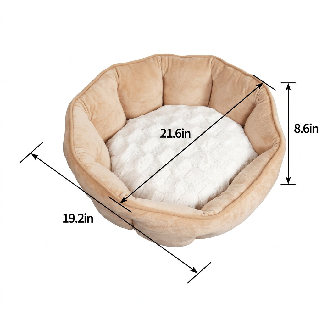 A tan pet bed with a white faux-fur cushion, shown with red dimension lines and text indicating measurements of 21.6 inches across, 19.