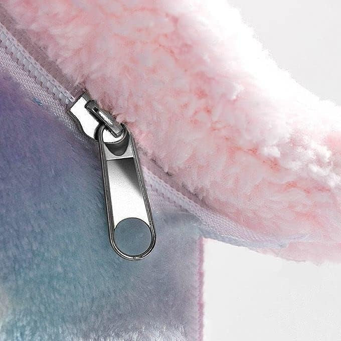 Close-up detail shot of a silver zipper on a pink and blue ombre gradient plush pet bed, showing the removable washable cover feature on a white background