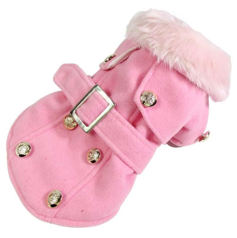 Pink Belted Pet Peacoat with Faux Fur Collar