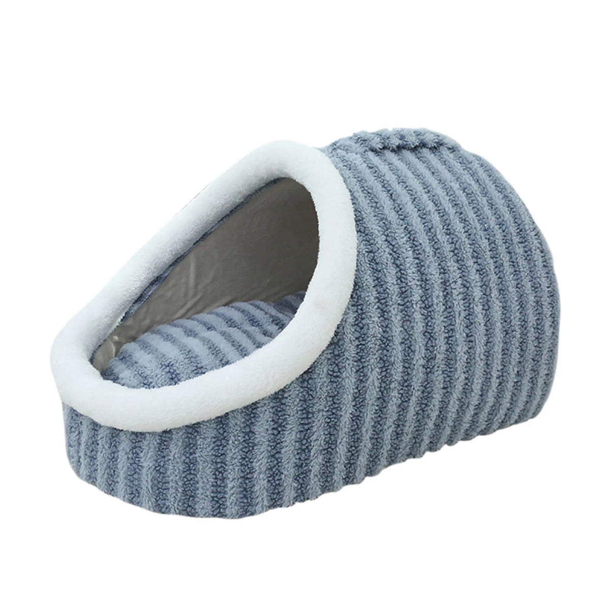 A blue ribbed fleece pet bed with a white plush trim, shown on a solid white background.