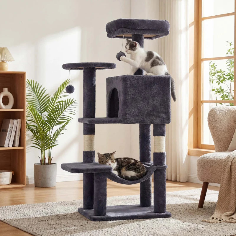 Dark Gray Cat Tree Tower 44" – Multi-Level Cat Condo with Hammock & Sisal Scratching Posts